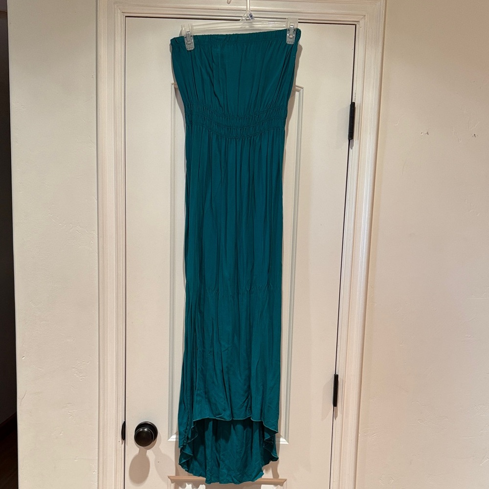 Poetry Teal Strapless High-Low Maxi Dress. Rayon. Size S